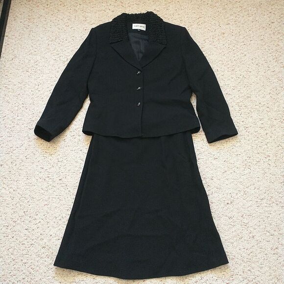 Albert Nipon Skirt Jacket Blazer Suit Set 12 Black Wool Beaded Office Church - Picture 1 of 15